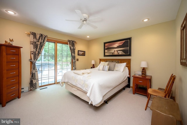 793 Mountainview Dr, Oakland, MD 21550 - bedroom featuring access to exterior, light colored carpet, baseboard heating, recessed lighting, and a ceiling fan