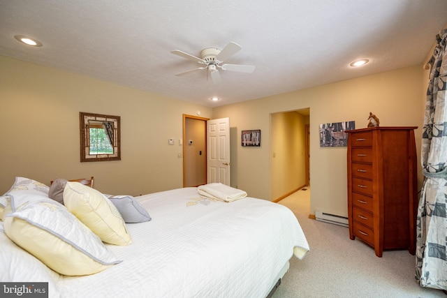 793 Mountainview Dr, Oakland, MD 21550 - bedroom with a baseboard heating unit, light colored carpet, ceiling fan, and recessed lighting