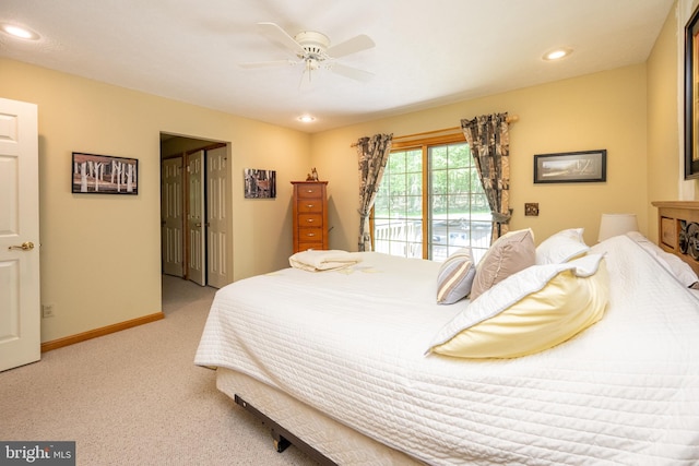 793 Mountainview Dr, Oakland, MD 21550 - bedroom featuring light carpet, recessed lighting, ceiling fan, access to outside, and a closet