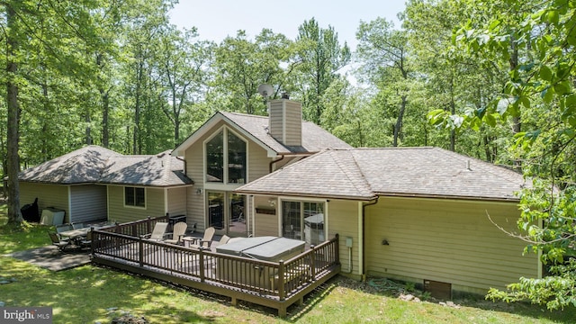 793 Mountainview Dr, Oakland, MD 21550 - rear view of house featuring a chimney, a shingled roof, a wooden deck, and a yard