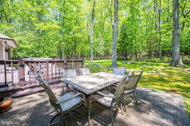 793 Mountainview Dr, Oakland, MD 21550 - view of patio / terrace featuring outdoor dining area, a deck, and a wooded view