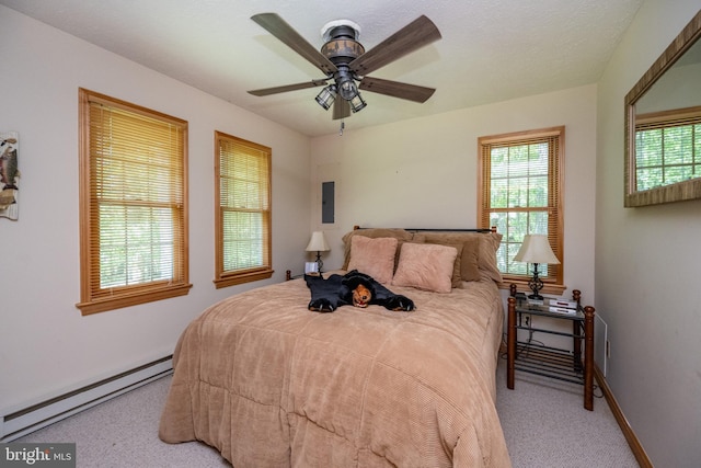 793 Mountainview Dr, Oakland, MD 21550 - bedroom with a baseboard radiator, carpet floors, electric panel, and a ceiling fan