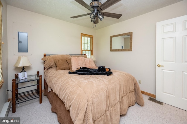 793 Mountainview Dr, Oakland, MD 21550 - bedroom featuring light colored carpet, electric panel, baseboard heating, and a ceiling fan