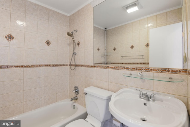 5729 Nevada St, Berwyn Heights, MD 20740 - bathroom with tile walls, a sink, toilet, shower / bath combination, and ornamental molding