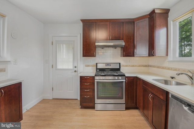 5729 Nevada St, Berwyn Heights, MD 20740 - kitchen with appliances with stainless steel finishes, under cabinet range hood, a sink, decorative backsplash, and light wood-style flooring