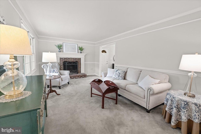 3498 Augusta Dr, Ijamsville, MD 21754 - carpeted living room featuring ornamental molding and a brick fireplace