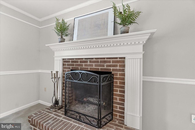 3498 Augusta Dr, Ijamsville, MD 21754 - detailed view of a fireplace, carpet floors, baseboards, and ornamental molding