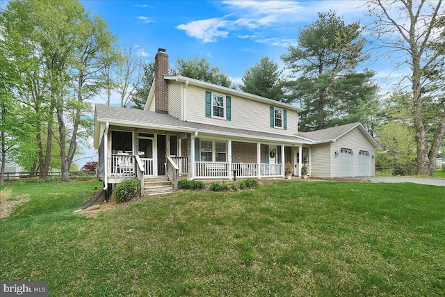3498 Augusta Dr, Ijamsville, MD 21754 - view of front of house featuring a porch, a chimney, a garage, and a front lawn