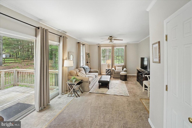 3498 Augusta Dr, Ijamsville, MD 21754 - living room with a ceiling fan, crown molding, and baseboards