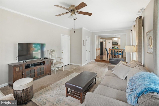 3498 Augusta Dr, Ijamsville, MD 21754 - living room with carpet, ceiling fan, baseboards, and ornamental molding