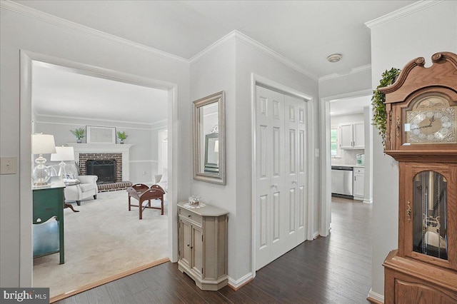 3498 Augusta Dr, Ijamsville, MD 21754 - hallway featuring dark wood finished floors, crown molding, and baseboards
