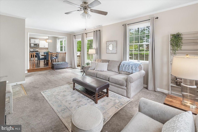 3498 Augusta Dr, Ijamsville, MD 21754 - living area featuring crown molding, light carpet, baseboards, and a ceiling fan