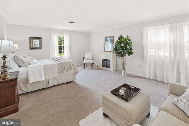 3498 Augusta Dr, Ijamsville, MD 21754 - bedroom featuring carpet floors, a glass covered fireplace, ornamental molding, and baseboards