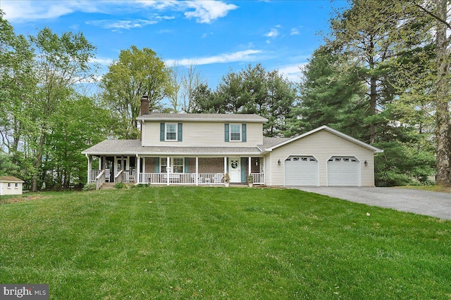 3498 Augusta Dr, Ijamsville, MD 21754 - view of front of house with a porch, an attached garage, a chimney, asphalt driveway, and a front yard