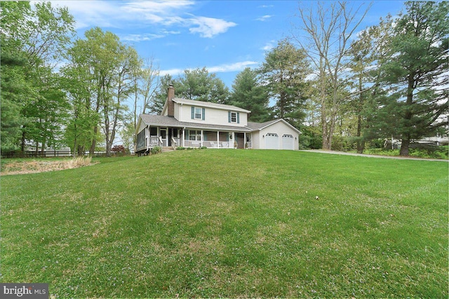 3498 Augusta Dr, Ijamsville, MD 21754 - farmhouse inspired home with covered porch, a chimney, an attached garage, and a front yard