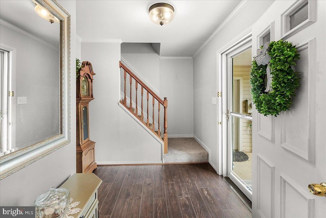 3498 Augusta Dr, Ijamsville, MD 21754 - entrance foyer featuring dark wood finished floors, crown molding, stairs, and baseboards