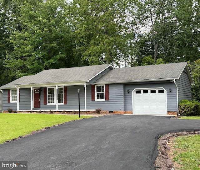 219 Musket Ln, Locust Grove, VA 22508 - ranch-style house featuring a garage, asphalt driveway, a porch, a front yard, and a shingled roof