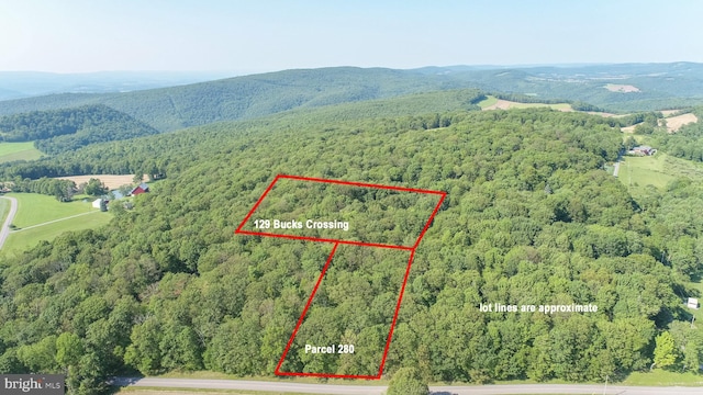 129 Bucks Crossing Ln, Accident, MD 21520 - aerial view of property and surrounding area featuring property parcel outlined and a mountainous background