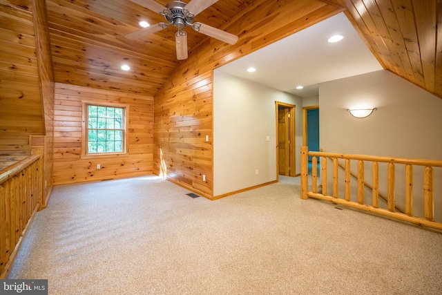 129 Bucks Crossing Ln, Accident, MD 21520 - unfurnished room featuring vaulted ceiling, wooden ceiling, recessed lighting, wooden walls, and carpet floors