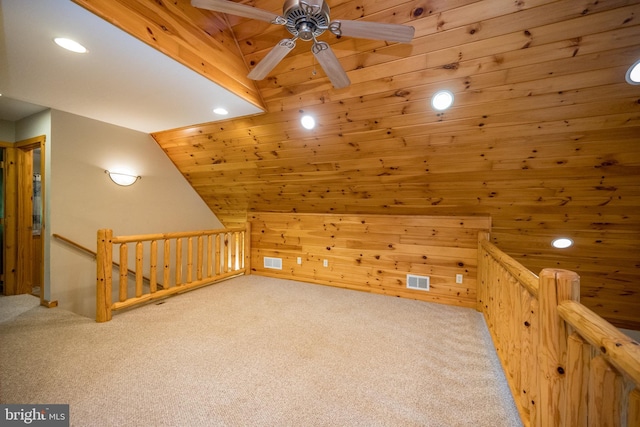 129 Bucks Crossing Ln, Accident, MD 21520 - bonus room featuring carpet, vaulted ceiling, recessed lighting, a ceiling fan, and wooden walls