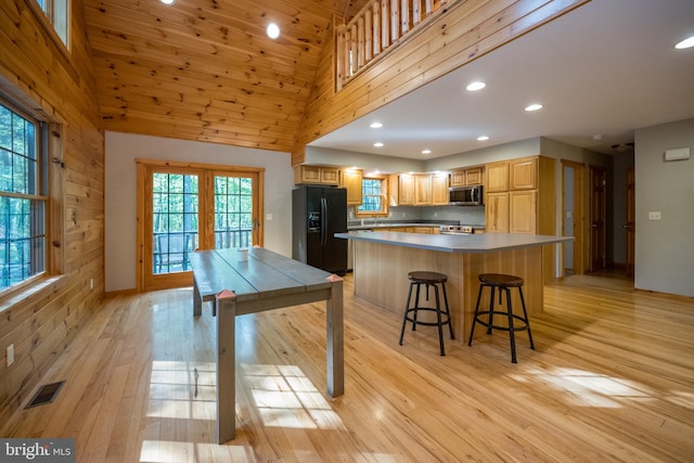 129 Bucks Crossing Ln, Accident, MD 21520 - kitchen featuring stainless steel appliances, high vaulted ceiling, light wood-style floors, a center island, and healthy amount of natural light