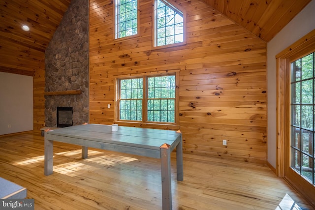129 Bucks Crossing Ln, Accident, MD 21520 - recreation room with wooden ceiling, light wood-style floors, high vaulted ceiling, and a fireplace