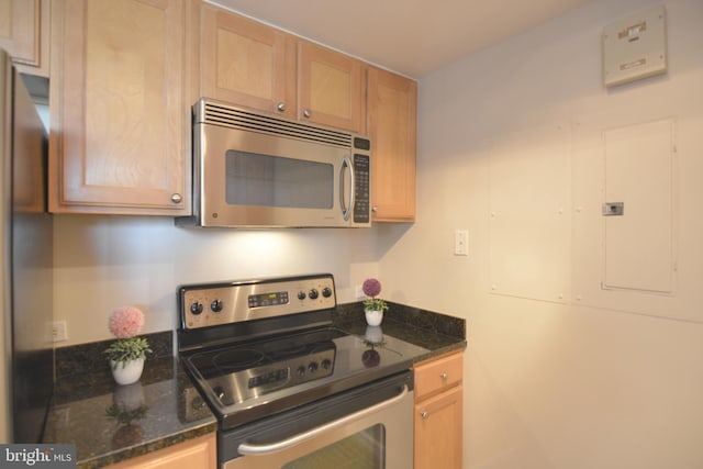 880 N Pollard St Unit 702, Arlington, VA 22203 - kitchen with stainless steel appliances, dark stone countertops, and electric panel