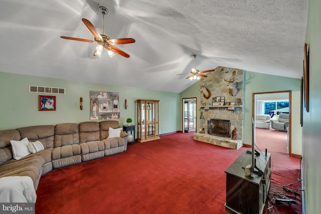284 Little New York Rd, Rising Sun, MD 21911 - carpeted living area featuring ceiling fan, vaulted ceiling, and a fireplace