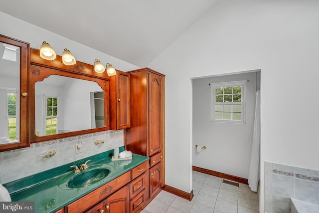 284 Little New York Rd, Rising Sun, MD 21911 - bathroom featuring vanity, tile patterned floors, and high vaulted ceiling
