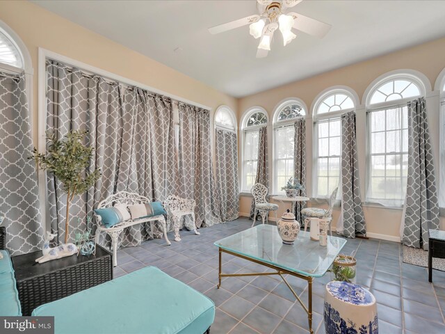 3002 Ridgeview Dr, Orwigsburg, PA 17961 - tiled living room featuring a ceiling fan and baseboards