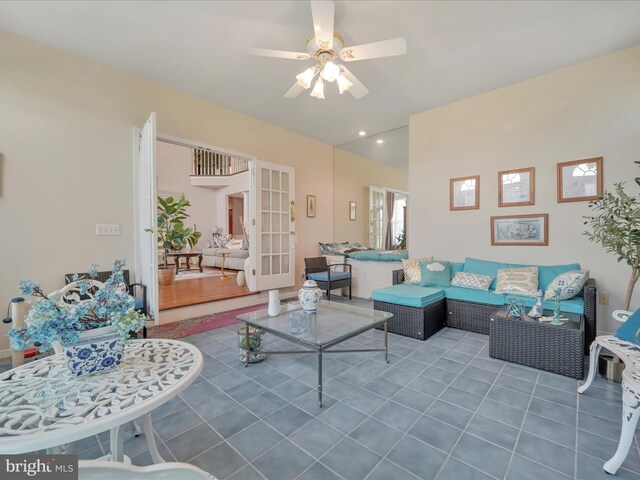 3002 Ridgeview Dr, Orwigsburg, PA 17961 - living room featuring a ceiling fan, lofted ceiling, tile patterned flooring, and french doors