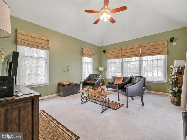 3002 Ridgeview Dr, Orwigsburg, PA 17961 - living room featuring lofted ceiling, carpet flooring, a ceiling fan, and baseboards