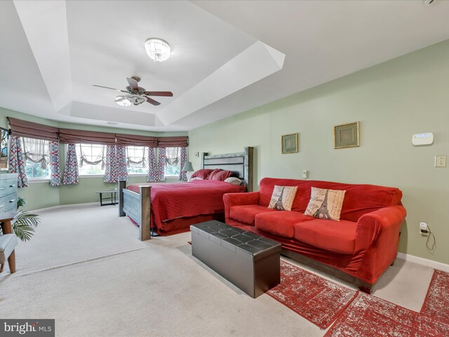 3002 Ridgeview Dr, Orwigsburg, PA 17961 - bedroom with a tray ceiling, carpet, baseboards, and ceiling fan