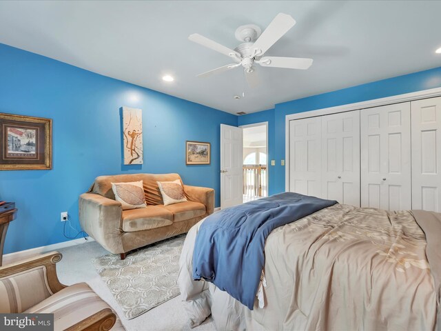 3002 Ridgeview Dr, Orwigsburg, PA 17961 - bedroom with carpet, a closet, ceiling fan, baseboards, and recessed lighting