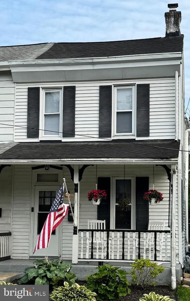 3368 Oley Turnpike Rd, Reading, PA 19606 - view of front of house with a porch, a chimney, and roof with shingles