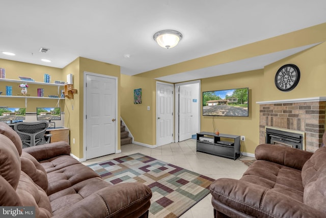 38390 Golden Beach Rd, Mechanicsville, MD 20659 - living area featuring tile patterned flooring, baseboards, stairway, a fireplace, and recessed lighting