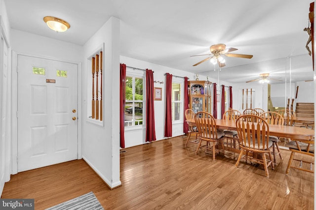 38390 Golden Beach Rd, Mechanicsville, MD 20659 - dining room with a ceiling fan, light wood finished floors, and baseboards