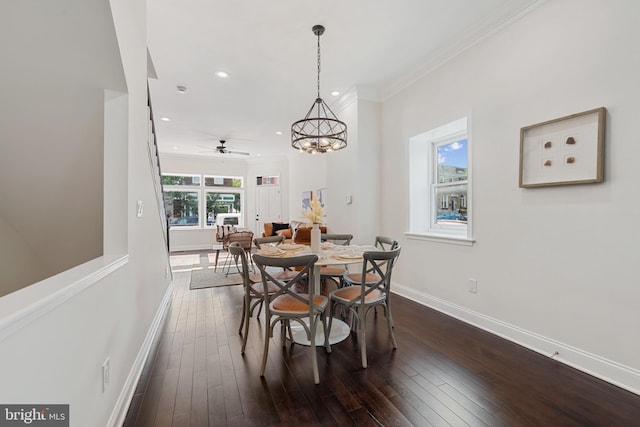 148 S E Ave, Baltimore, MD 21224 - dining area featuring baseboards, recessed lighting, dark wood-style flooring, ornamental molding, and a ceiling fan