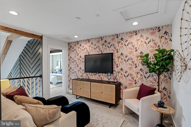 TBB-PATTON Whimsical Drive, Havre De Grace, MD 21078 - living area with wallpapered walls, attic access, carpet, and recessed lighting