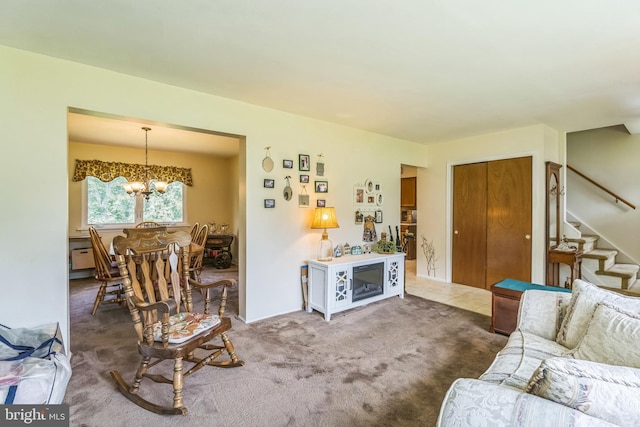 148 Belmont Dr, Upper Chichester, PA 19061 - living area featuring stairway, a chandelier, and carpet floors