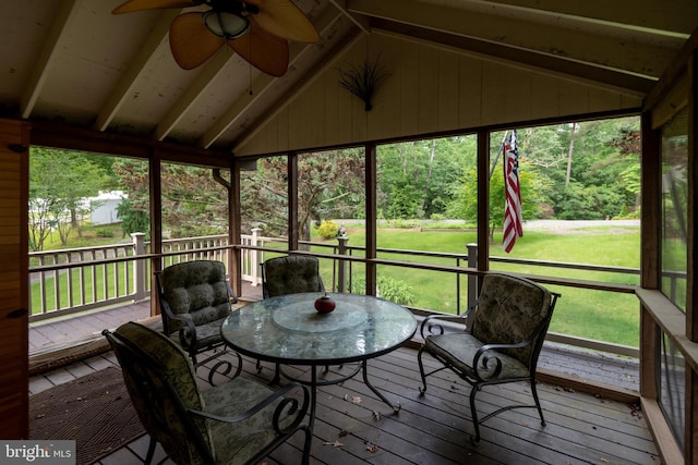 26747 Cat Creek Rd, Mechanicsville, MD 20659 - sunroom featuring lofted ceiling, a ceiling fan, and plenty of natural light