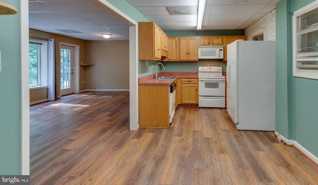 26747 Cat Creek Rd, Mechanicsville, MD 20659 - kitchen with white appliances, a sink, wood finished floors, baseboards, and a drop ceiling
