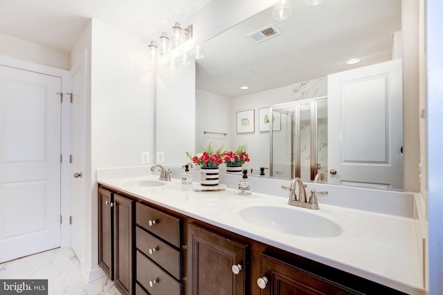 3409 Stone Barn Dr, Frederick, MD 21704 - full bathroom with double vanity, a stall shower, and marble finish flooring