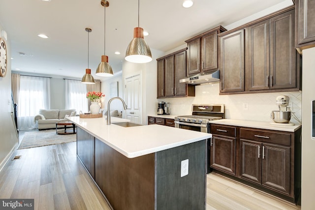 3409 Stone Barn Dr, Frederick, MD 21704 - kitchen with stainless steel range oven, a sink, under cabinet range hood, light wood-type flooring, and recessed lighting