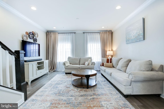 3409 Stone Barn Dr, Frederick, MD 21704 - living area featuring crown molding, recessed lighting, dark wood-style floors, and stairs