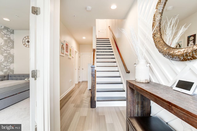 3409 Stone Barn Dr, Frederick, MD 21704 - staircase featuring wood finished floors, recessed lighting, and baseboards