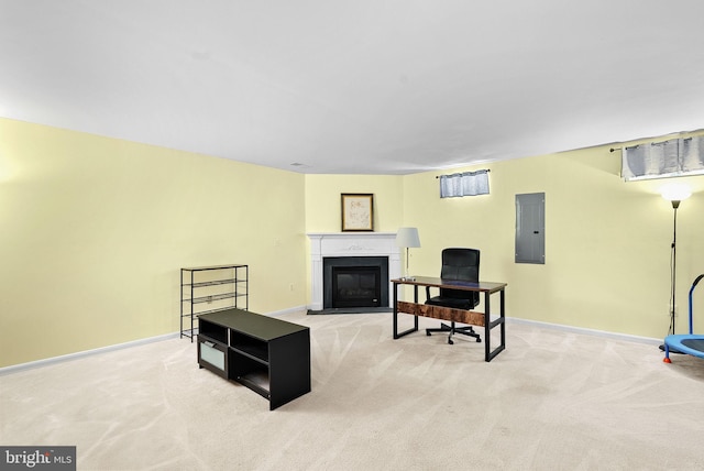 15673 Mendoza Ln, Woodbridge, VA 22191 - carpeted living area featuring electric panel, a fireplace with flush hearth, and an office area