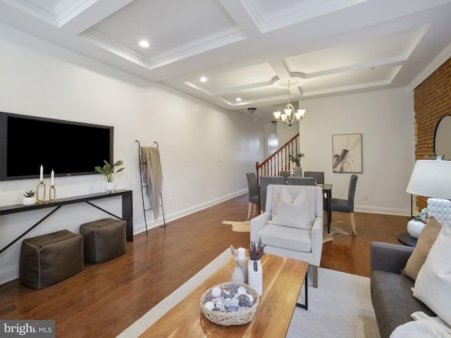 1705 E Chase St, Baltimore, MD 21213 - living area with coffered ceiling, a chandelier, stairway, wood finished floors, and beamed ceiling