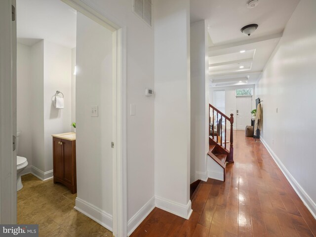 1705 E Chase St, Baltimore, MD 21213 - hall with hardwood / wood-style floors, stairs, and baseboards