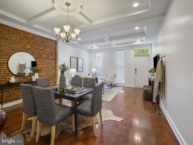1705 E Chase St, Baltimore, MD 21213 - dining area with a chandelier, coffered ceiling, dark wood finished floors, beam ceiling, and baseboards